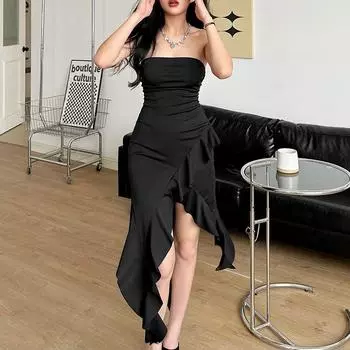 Простое черное тонкое вязаное дышащее высокоэластичное сексуальное очаровательное летнее женское платье для молодых девушек нестандартной формы с запахом S чёрный
