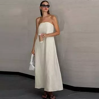 Простое длинное платье без бретелек из хлопка и льна для женщин, весна-лето, повседневное, сексуальное, однотонное, без рукавов, А-силуэт, праздничное, отпускное платье S хаки