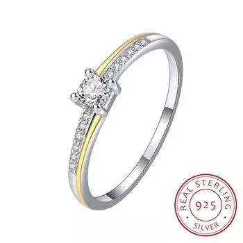 Простое двухцветное круглое кольцо для пары из желтого золота 18 карат с четырьмя когтями для женщин, стерлинговое серебро, подарочные украшения на день Святого Валентина, ювелирные изделия из стерлингового серебра для женщин 6 жёлтый