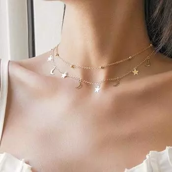 Простое двухслойное колье-колье для женщин, модные короткие подвески, ожерелье с луной, звездой и ключицей, французские повседневные украшения золотой