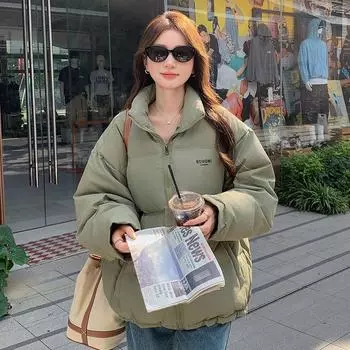 Простое и утолщенное зимнее пальто Bread, куртка из белого утиного пуха в американском стиле для женщин, пальто Bread с кожаной отделкой, теплое и тонкое S белый