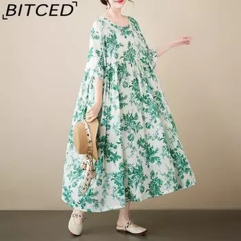 Простое литературное деревенское стильное маленькое свежее летнее новое свободное женское тонкое богемное платье с короткими рукавами One Size зелёный