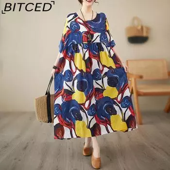 Простое литературное деревенское стильное маленькое свежее летнее новое свободное женское платье с короткими рукавами и абстрактным принтом One Size синий