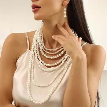 Простое многослойное женское ожерелье с жемчугом, длинная цепочка для свитера с серьгами, комплект украшений GZW