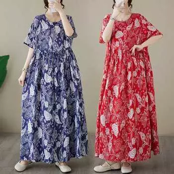 Простое модное длинное платье с короткими рукавами и круглым вырезом, летние повседневные платья с принтом one size красный