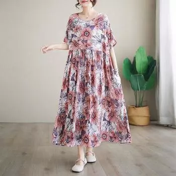 Простое модное длинное платье с летним принтом и короткими рукавами и круглым вырезом average size красный