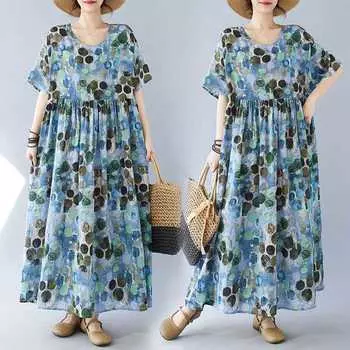 Простое модное длинное платье с летним широким вырезом, короткими рукавами и круглым вырезом, повседневные платья с принтом One Size