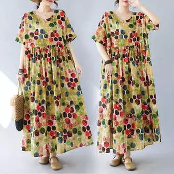 Простое модное длинное платье с летним широким вырезом, короткими рукавами и круглым вырезом, повседневные платья с принтом one size