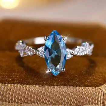 Простое модное серебряное кольцо с огранкой «маркиз» и цирконом Aqua Blue для женщин, свадебные украшения, подарки 6 аква голубой