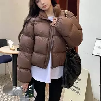 Простое однотонное хлопковое стеганое пальто, женские пышные теплые зимние парки, женская куртка с воротником-стойкой, повседневная короткая хлопковая пуховая куртка женская S чёрный