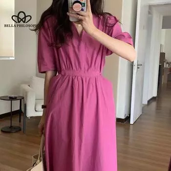 Простое однотонное платье с v-образным вырезом в корейском стиле и двойным карманом на шнуровке на талии, женское повседневное элегантное вечерние длинное платье one size зелёный