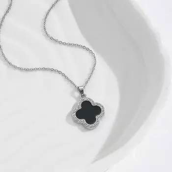 Простое ожерелье из титановой стали с четырьмя листами клевера, черное и белое со стразами, цепочка на ключицу, женское ожерелье Lucky Grass чёрный