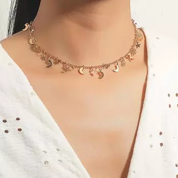 Простое ожерелье со звездой и луной, металлическое колье с кисточками и блестками, цепочка на ключицу, короткое ожерелье, ювелирные изделия для девочек, модные аксессуары