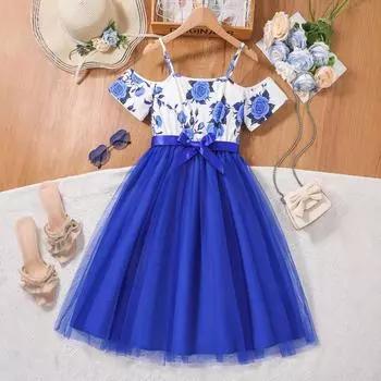 Простое платье для девочек, летнее детское удобное платье принцессы, милое платье с открытыми плечами и цветочным принтом 130cm темно-синий