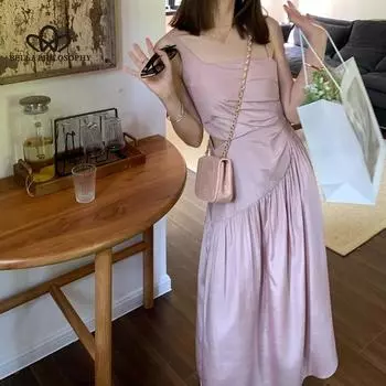 Простое платье с нерегулярным дизайном на бретельках, новое летнее платье в корейском стиле, облегающее однотонное платье нестандартной формы с открытой талией S розовый