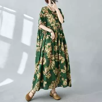 Простое платье с принтом в стиле бохо с коротким рукавом и круглым вырезом, летнее новое элегантное длинное платье, женская одежда One Size