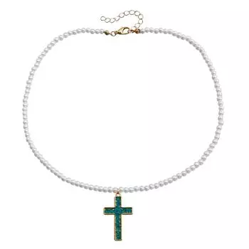 Простое плетеное маленькое ожерелье из искусственного жемчуга, женское ожерелье-цепочка для свитера с цветным хрустальным кулоном в виде креста