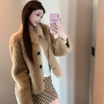 Простое полностью шерстяное меховое пальто, женское зимнее пальто с воротником-лацканом, шуба для молодой шубы, короткая S