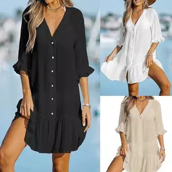 Простое свободное повседневное платье с V-образным вырезом и длинными рукавами S белый