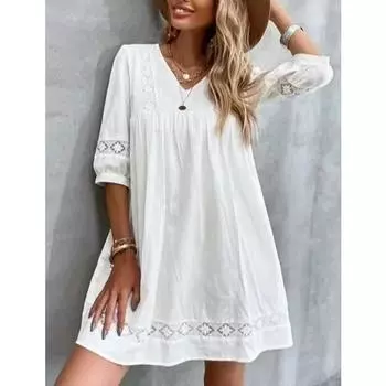 Простое свободное повседневное платье с V-образным вырезом и длинными рукавами S белый