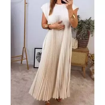 Простое универсальное плиссированное макси-платье с оборками, элегантное женское модное длинное платье с рукавами реглан и круглым вырезом, повседневное свободное платье большого размера S бежевый