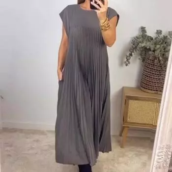 Простое универсальное плиссированное платье макси с разрезом для женщин, элегантная мода, круглый вырез, рукав реглан, длинное платье, повседневное, свободное, оверсайз, Vestidos S серый