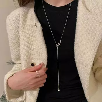 Простое высококачественное длинное ожерелье из металлического жемчуга для женщин, легкое, роскошное, в стиле ретро, элегантное, модное, универсальное, цепочка на шею, цепочка на свитер