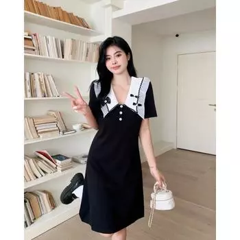 Простое женское простое черное элегантное универсальное платье с лацканами большого размера L