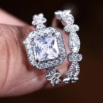 Простой элегантный квадратный комплект колец с кубическим цирконием для женщин, серебряный цвет, обручальное, свадебное, модное женское кольцо, ювелирные изделия 6 серебряный/белый