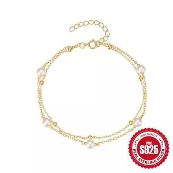 Простой браслет из двухслойного стерлингового серебра 925 пробы с жемчужными бусинами и маленькими золотыми бусинами. 925 silver золотой