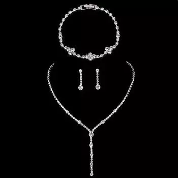 Простой бриллиантовый набор с кристаллами и бриллиантами, ожерелье, браслет, набор из трех частей, свадебные аксессуары серебряный