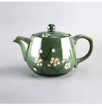 Простой бытовой чайный сервиз Керамический чайник Чайная чашка Чайник Корейская ручная роспись Зеленая глазурь 9-головочный Крышка чайника 550ml