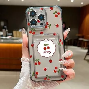 Простой чехол для телефона из мягкого силикона с прозрачным принтом вишни для iPhone 16 15 Pro 14 Pro Max 13 12 11, с отделением для карт, противоударный, тонкий, прозрачный бампер iPhone 16 серый
