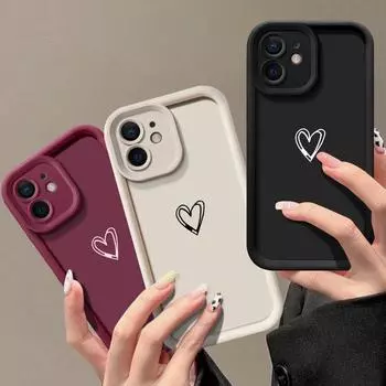 Простой чехол для телефона с рисунком в виде сердца для iPhone 16 15 14 13 Pro Max 12 11 Pro XR XS 8 7, однотонный, ударопрочный, мягкий чехол для защиты линз iPhone 15 Plus