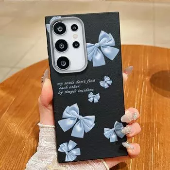 Простой чехол с бантом и текстурой из кожи TPU с магнитным принтом для Samsung S25 S24 FE S23 Ultra S22 S21 с беспроводной зарядкой, матовый противоударный мягкий тонкий чехол для телефона Samsung S25 чёрный