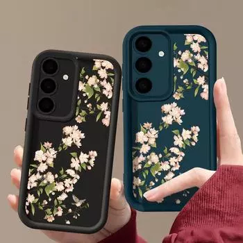 Простой цветочный принт матовый противоударный чехол для Samsung S25 S24 FE S23 Ultra S22 A16 A56 A15 A55 A36 A35 A54 A15 защита линзы TPU мягкий чехол для телефона Samsung S25 чёрный