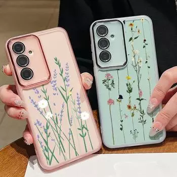 Простой цветочный принт прозрачный силиконовый чехол для телефона Samsung S24 Ultra S23 FE S22 S21 S20 FE A54 A34 мягкая противоударная защитная пленка для объектива бампер чехол Samsung S24 чёрный