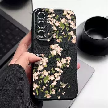 Простой цветочный принт тонкий мягкий чехол для Samsung S25 S24 FE S23 Ultra S22 A16 A15 A56 A55 A36 A35 A34 противоударный матовый TPU кожаный текстурный чехол для телефона Samsung S25 чёрный