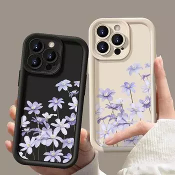 Простой фиолетовый цветочный принт TPU противоударный чехол для телефона iPhone 16 Pro 15 Pro Max 14 Plus 13 12 11 XR XS 8 7 мягкая защита линз матовая задняя крышка iPhone 16 чёрный