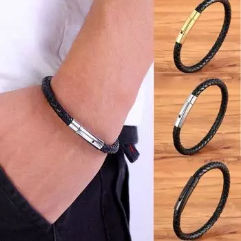 Простой хип-хоп титановый стальной плетеный кожаный браслет, черные мужские браслеты из нержавеющей стали в стиле панк, повседневные спортивные аксессуары для велоспорта 19cm