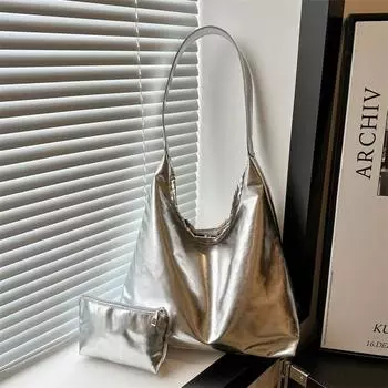 Простой и вместительный глянцевый комплект из двух предметов 2024 года, летняя новая модная женская сумка-тоут в европейском и американском стиле с креплением на плечо и подмышкой зелёный