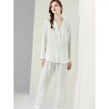 Простой комплект для дома с клетчатым принтом, удобные топы с длинными рукавами и карманами, удобные длинные брюки, женская домашняя одежда, одежда для сна M чёрный