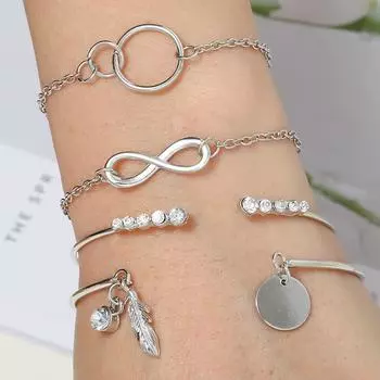 Простой комплект из 4 браслетов с 8 персонажами, жемчужными листьями и дисками, модный комплект из круглых браслетов со стразами. серебряный