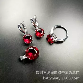 Простой комплект украшений, серьги с цветным цирконием, комплект ожерелий, цепочка, женский обручальный комплект из трех колец, бесплатная цепочка. Size 6 ring three-piece set красный