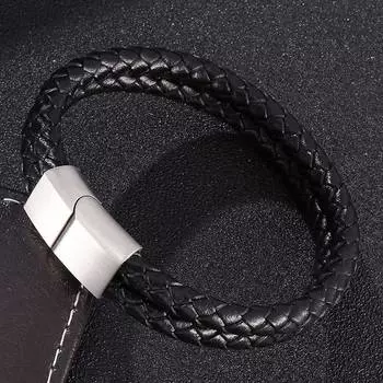 Простой кожаный браслет для мужчин, двойная мода, ювелирные изделия, подвески, браслеты из нержавеющей стали с магнитной застежкой, рождественские подарки BB0033 165mm чёрный