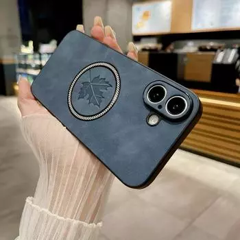 Простой кожаный магнитный чехол с принтом кленового листа для iPhone 16 Pro Max 15 14 Plus 13 Pro 12 11 XR XS, мягкий противоударный чехол для телефона Magsafe Protection iPhone 16 чёрный