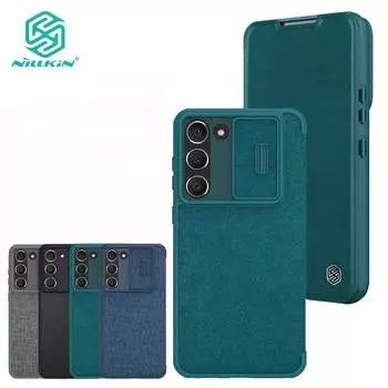 Простой кожаный тканевый чехол Nillkin QIN Pro для Samsung Galaxy S23 Plus, чехол-раскладушка для телефона, противоударный защитный чехол-слайдер для камеры с держателем для карт Samsung S23 Plus чёрный