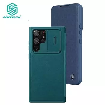 Простой кожаный тканевый чехол Nillkin QIN Pro для Samsung Galaxy S22 Ultra, противоударный слайдер для камеры телефона, чехол