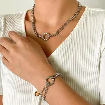 Простой круглый крест-ожерелье-браслет асимметричное ожерелье-браслет для женщин Подарочный набор ювелирных изделий Bracelet серебряный