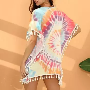 Простой купальник, накидка с разноцветным принтом, свободный сарафан, свободная сексуальная накидка для пляжа